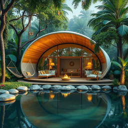 An artistic depiction of a stunning cabin inspired by a cocoon, harmoniously situated in a tranquil jungle environment