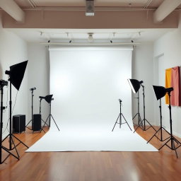 A professional photography studio background with a seamless white backdrop, soft lighting creating an elegant atmosphere, and various props for photo shoots like softboxes, tripods, and a few colorful backdrops hanging