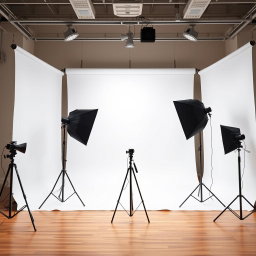 A professional photography studio background with a seamless white backdrop, soft lighting creating an elegant atmosphere, and various props for photo shoots like softboxes, tripods, and a few colorful backdrops hanging