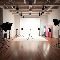 A professional photography studio background with a seamless white backdrop, soft lighting creating an elegant atmosphere, and various props for photo shoots like softboxes, tripods, and a few colorful backdrops hanging