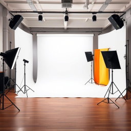 A professional photography studio background with a seamless white backdrop, soft lighting creating an elegant atmosphere, and various props for photo shoots like softboxes, tripods, and a few colorful backdrops hanging