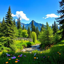A serene and vibrant nature background featuring a lush green forest with tall trees, sunlight filtering through the leaves, and a gentle stream flowing