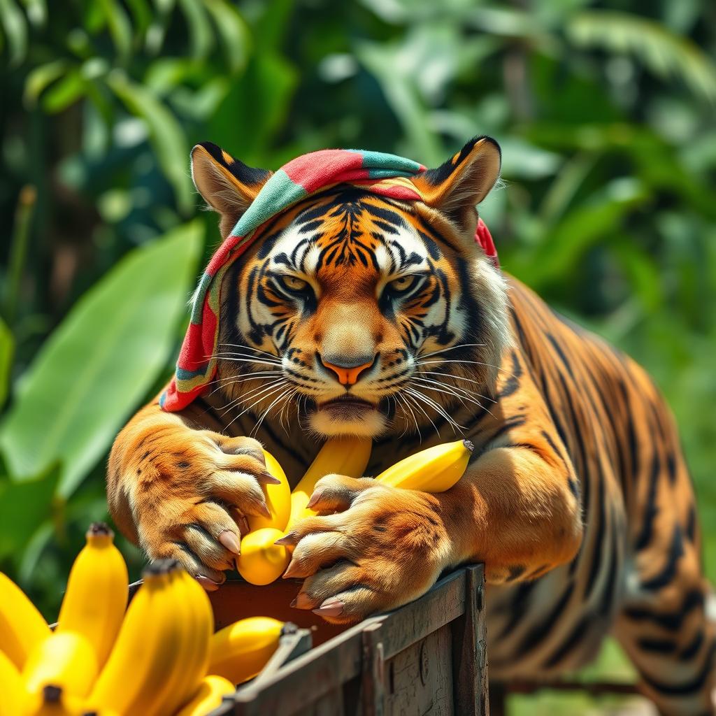 A big cat, resembling a majestic tiger, wearing a colorful towel on its head, is strainingly pulling a freight car filled to the brim with ripe, yellow bananas