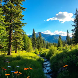 A serene and vibrant nature background featuring a lush green forest with tall trees, sunlight filtering through the leaves, and a gentle stream flowing