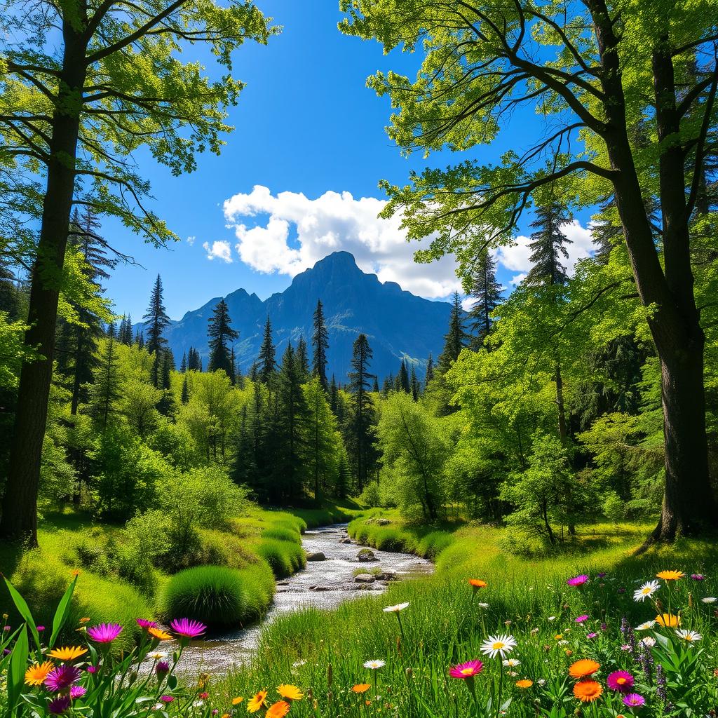 A serene and vibrant nature background featuring a lush green forest with tall trees, sunlight filtering through the leaves, and a gentle stream flowing