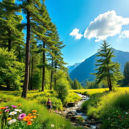 A serene and vibrant nature background featuring a lush green forest with tall trees, sunlight filtering through the leaves, and a gentle stream flowing