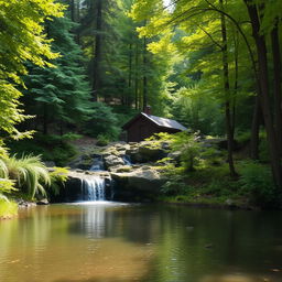 A serene forest landscape featuring a picturesque small waterfall cascading into a tranquil pond