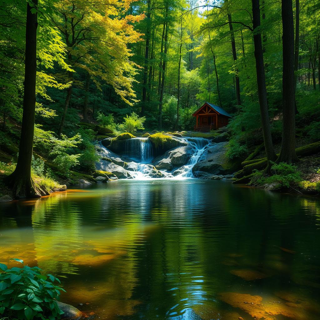 A serene forest landscape featuring a picturesque small waterfall cascading into a tranquil pond