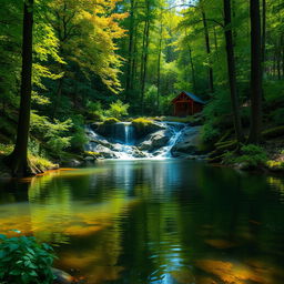A serene forest landscape featuring a picturesque small waterfall cascading into a tranquil pond