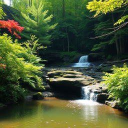 A serene forest landscape featuring a picturesque small waterfall cascading into a tranquil pond