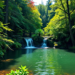 A serene forest landscape featuring a picturesque small waterfall cascading into a tranquil pond