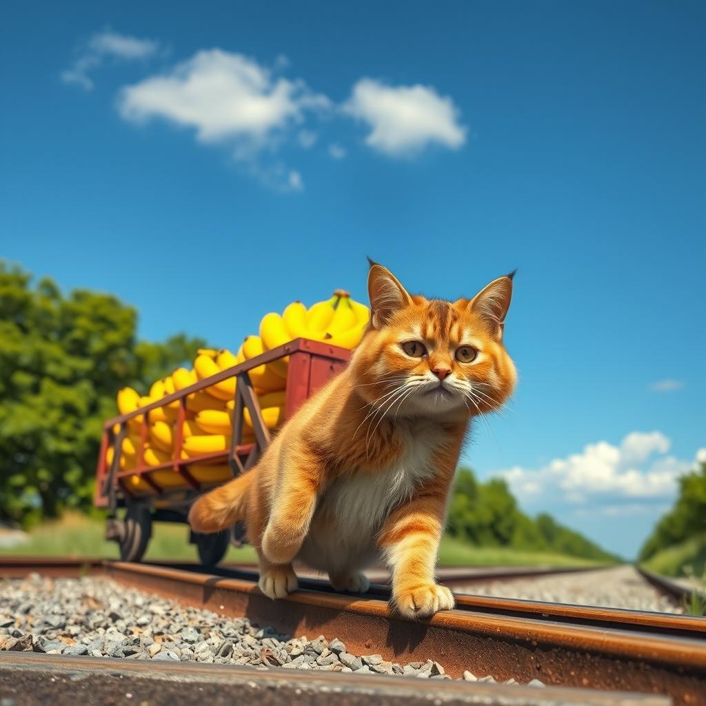 A determined cat pulling a freight car filled with bright yellow bananas on a sunny day