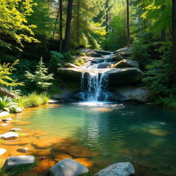 A tranquil forest setting featuring a small waterfall cascading into a serene pond