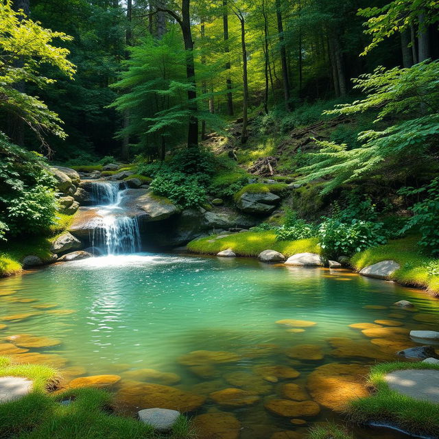 A tranquil forest setting featuring a small waterfall cascading into a serene pond