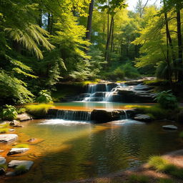 A tranquil forest setting featuring a small waterfall cascading into a serene pond