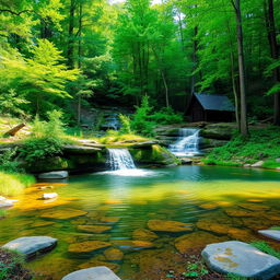 A tranquil forest setting featuring a small waterfall cascading into a serene pond