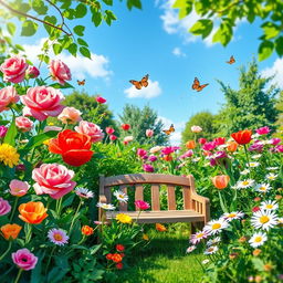 A vibrant and colorful garden poster featuring a variety of blooming flowers in full display, including roses, tulips, and daisies