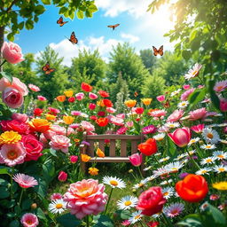 A vibrant and colorful garden poster featuring a variety of blooming flowers in full display, including roses, tulips, and daisies