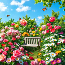 A vibrant and colorful garden poster featuring a variety of blooming flowers in full display, including roses, tulips, and daisies