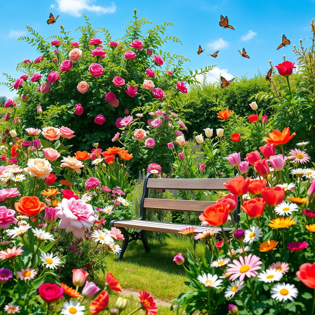 A vibrant and colorful garden poster featuring a variety of blooming flowers in full display, including roses, tulips, and daisies