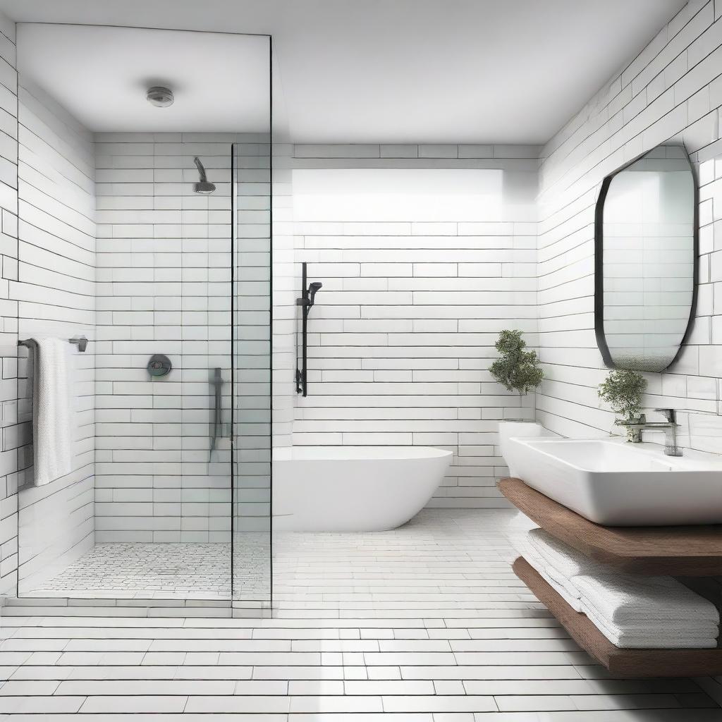A clean, modern bathroom with gleaming white tiles, a glass shower enclosure, a free-standing bathtub, and a contemporary sink with a large mirror above.