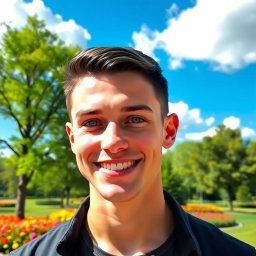 A handsome young man with smooth, clean-shaven skin, bright blue eyes, and a warm smile