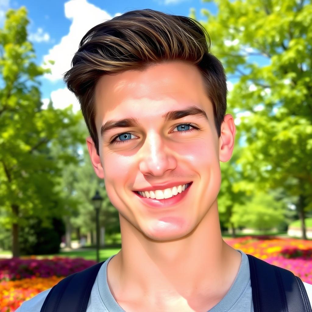 A handsome young man with smooth, clean-shaven skin, bright blue eyes, and a warm smile