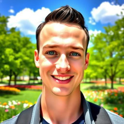 A handsome young man with smooth, clean-shaven skin, bright blue eyes, and a warm smile