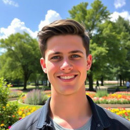 A handsome young man with smooth, clean-shaven skin, bright blue eyes, and a warm smile
