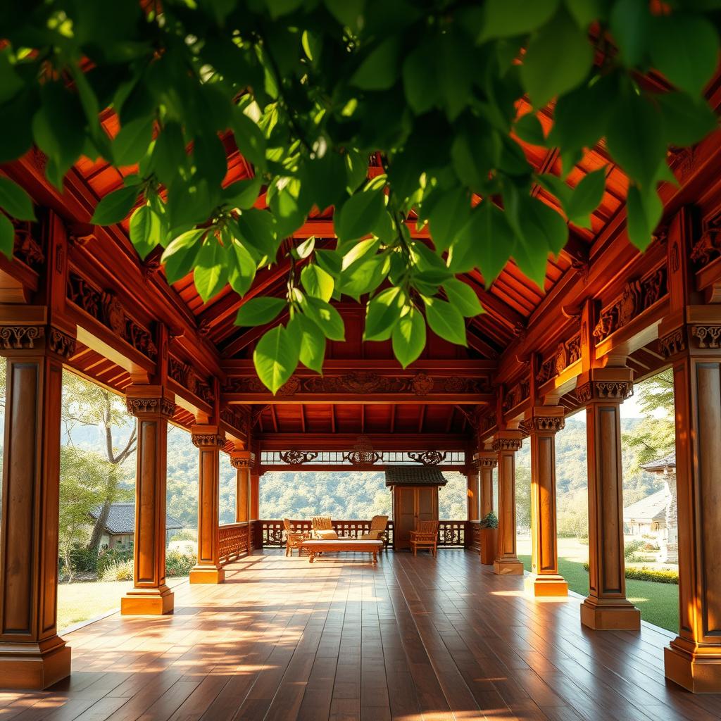 A beautiful pavilion constructed from rich, warm wood, surrounded by lush greenery