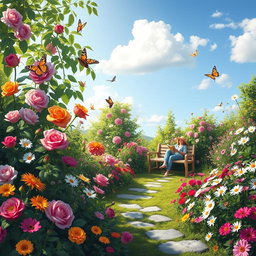 A vibrant and lush garden scene filled with a variety of colorful flowers in full bloom, including roses, tulips, and daisies, surrounded by green foliage