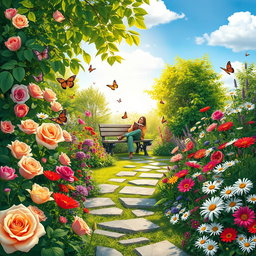 A vibrant and lush garden scene filled with a variety of colorful flowers in full bloom, including roses, tulips, and daisies, surrounded by green foliage