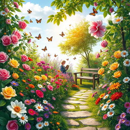 A vibrant and lush garden scene filled with a variety of colorful flowers in full bloom, including roses, tulips, and daisies, surrounded by green foliage