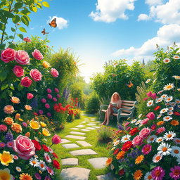 A vibrant and lush garden scene filled with a variety of colorful flowers in full bloom, including roses, tulips, and daisies, surrounded by green foliage