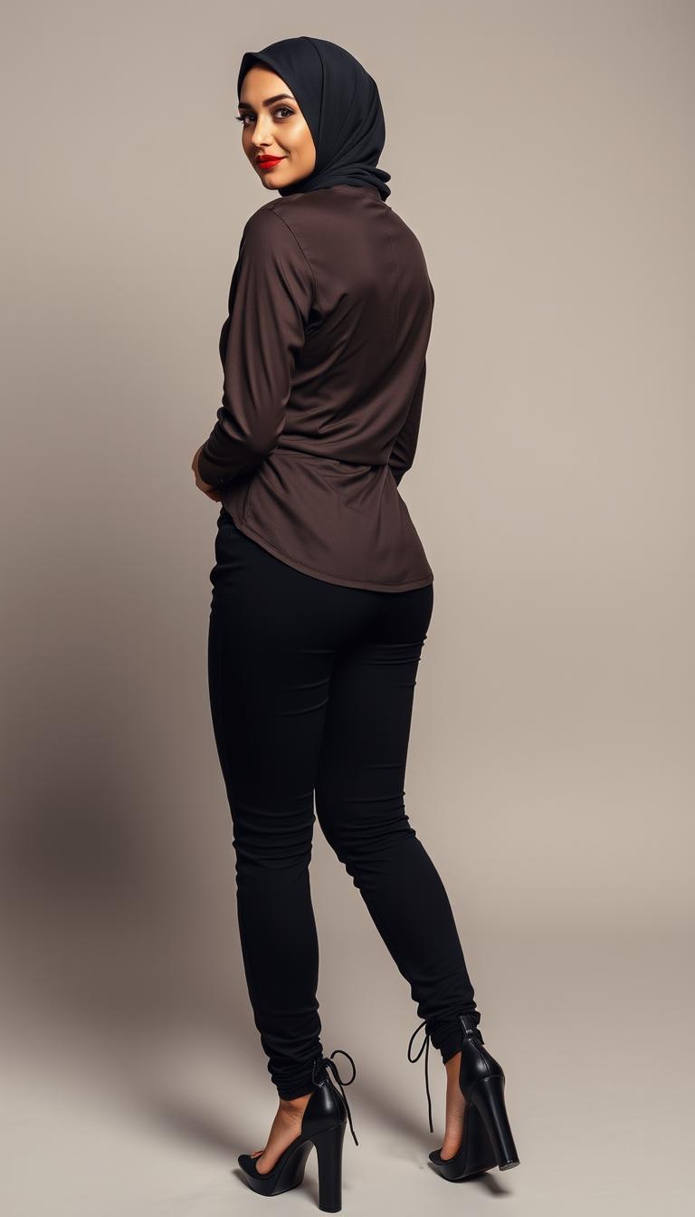 A full-body photo of a 46-year-old Slavic secretary, dressed in a tight shirt that accentuates her cleavage