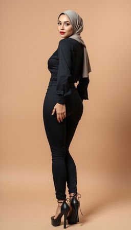 A full-body photo of a 46-year-old Slavic secretary, dressed in a tight shirt that accentuates her cleavage