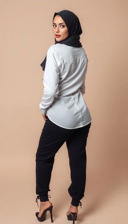 A full-body photo of a 46-year-old Slavic secretary, dressed in a tight shirt that accentuates her cleavage