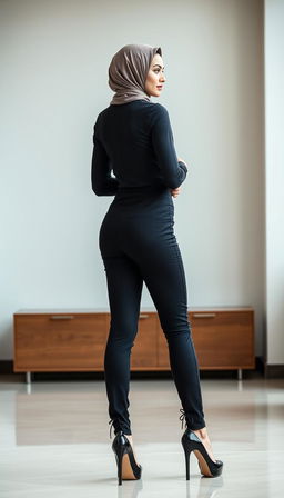 A full-body photo of a 46-year-old Slavic secretary from the back view