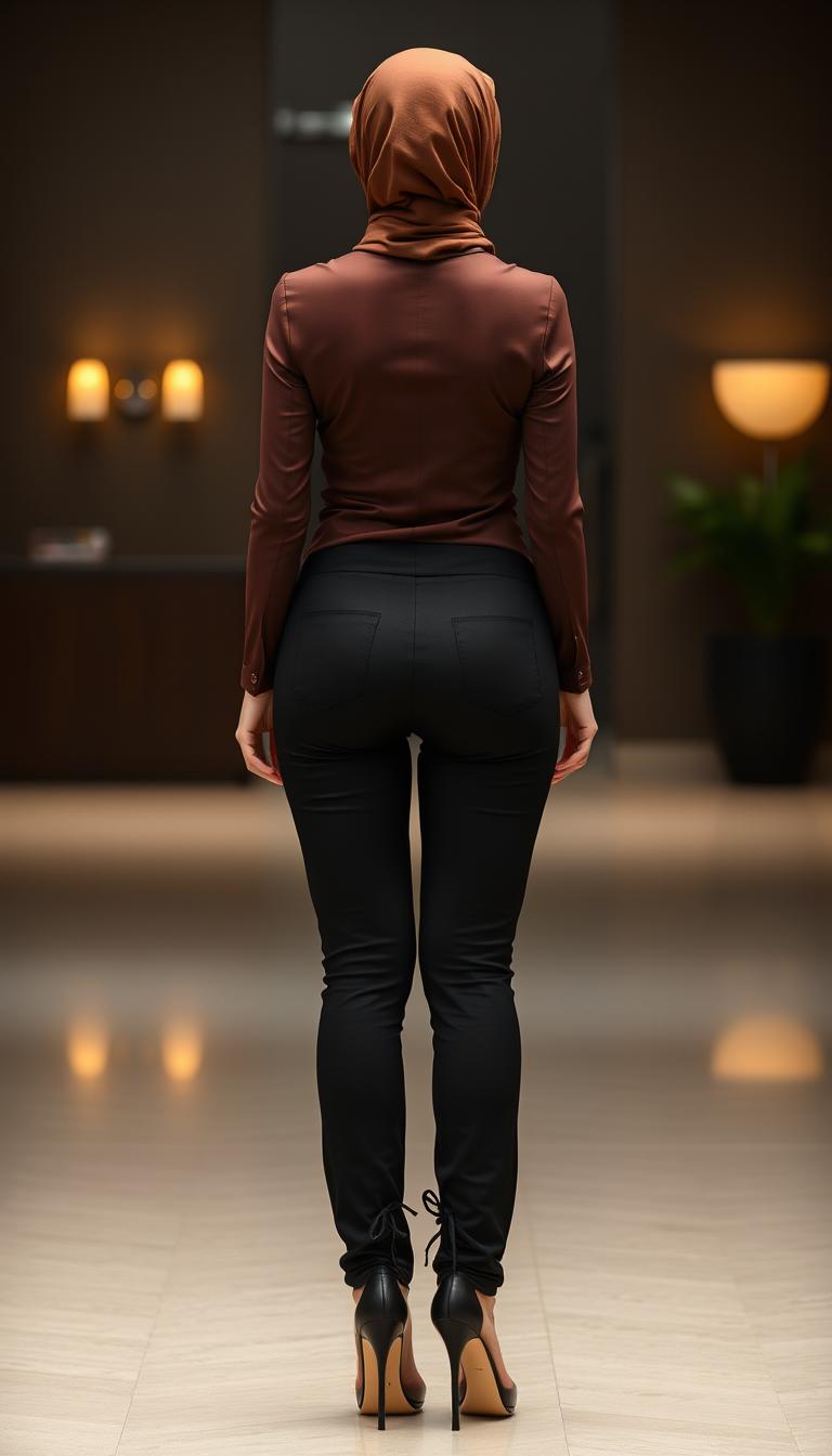 A full-body photo of a 46-year-old Slavic secretary from the back view
