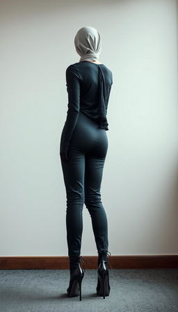 A full-body photo of a 46-year-old Slavic secretary from the back view