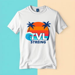 A stylish t-shirt design featuring the logo of TVL Strand prominently in the center