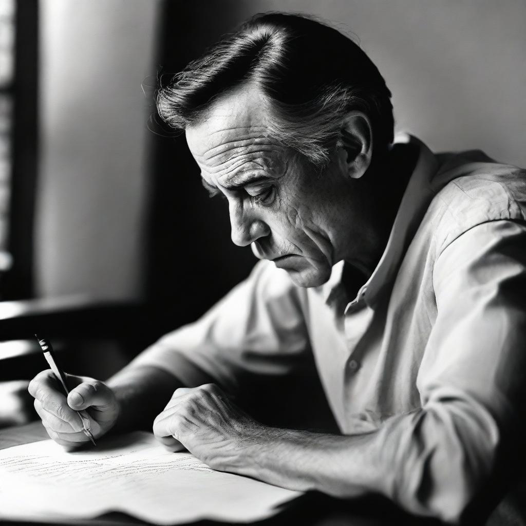 A focused man seated at a desk, pen in hand, deeply engrossed in writing on a piece of paper