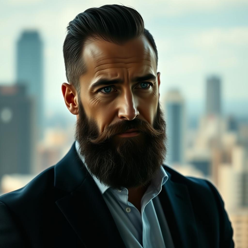A portrait of a man with a strong, charismatic presence