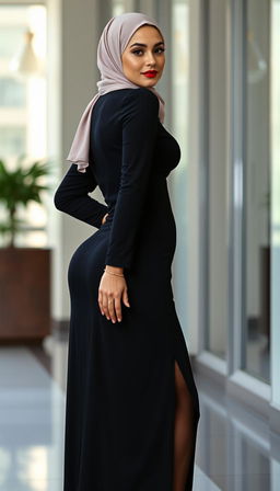 A full-body photo of a 46-year-old Slavic secretary in a dark, tight dress that highlights her fit body and large backside