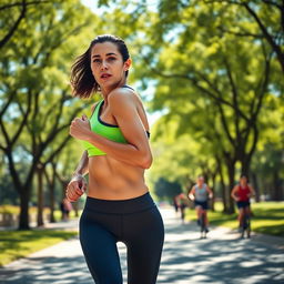 A fit, athletic person jogging in a vibrant urban park