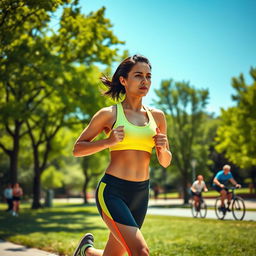 A fit, athletic person jogging in a vibrant urban park