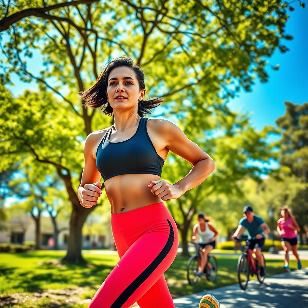 A fit, athletic person jogging in a vibrant urban park