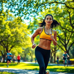 A fit, athletic person jogging in a vibrant urban park