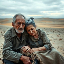 An elderly couple, a man and a woman, portrayed as poor and lonely, sitting together in a vast, desolate desert landscape that evokes feelings of sadness