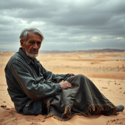 An elderly couple, a man and a woman, portrayed as poor and lonely, sitting together in a vast, desolate desert landscape that evokes feelings of sadness